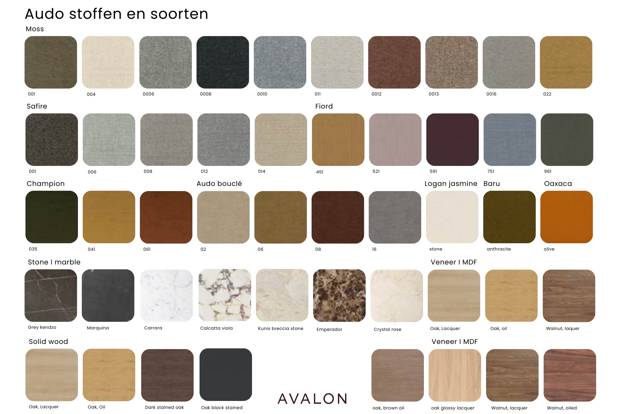 Audo kleuren en materialen